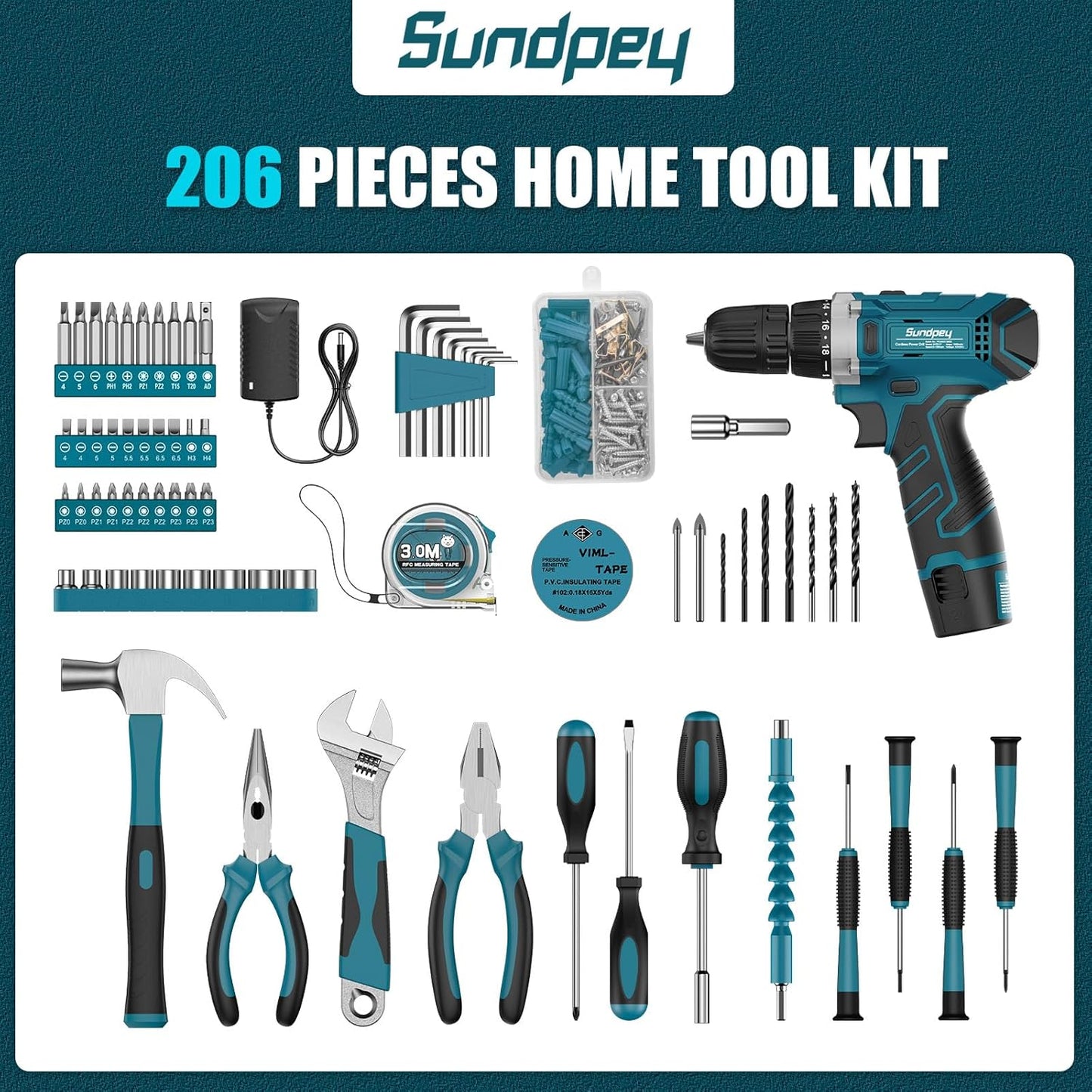 Sundpey 206-Piece Tool Kit with Drill – Home Combo Tool Set