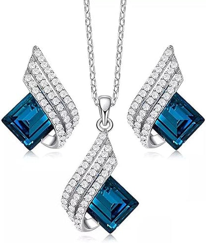 Shining Diva Fashion Angel Wings Platinum Plated Crystal Pendant Necklace Jewellery Set Gifts for Women and Girls (Blue) (14622s)