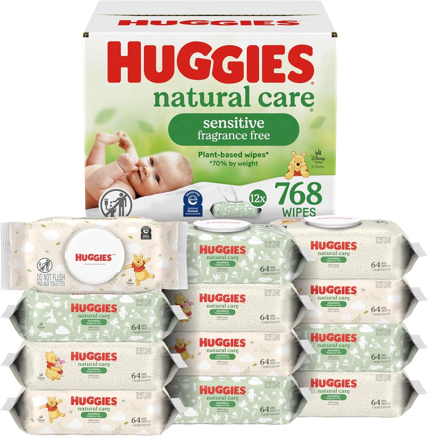 Huggies Natural Care Sensitive Baby Wipes, Unscented, Hypoallergenic, 99% Purified Water, 12 Flip-Top Packs