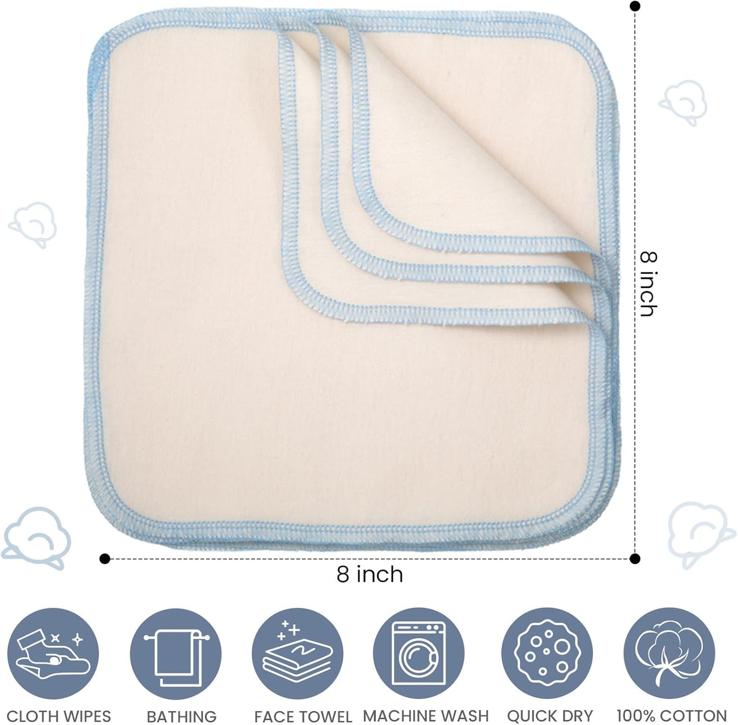 Mixweer 96 Pcs Flannel Cloth Baby Wipes Reusable Baby Diapers Wipes Washable Natural Unbleached Face Wipes Soft and Sturdy Cloth Wipes 8 Colors Outer Stitching 8 x 8 Inches