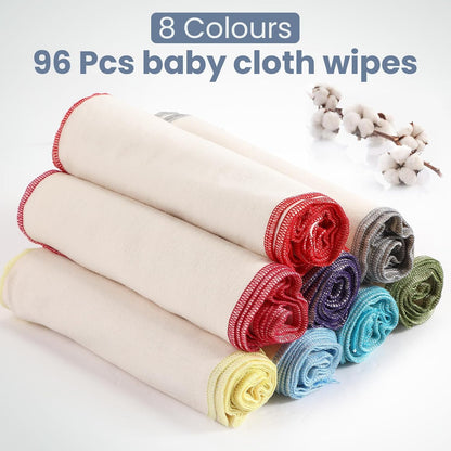 Mixweer 96 Pcs Flannel Cloth Baby Wipes Reusable Baby Diapers Wipes Washable Natural Unbleached Face Wipes Soft and Sturdy Cloth Wipes 8 Colors Outer Stitching 8 x 8 Inches