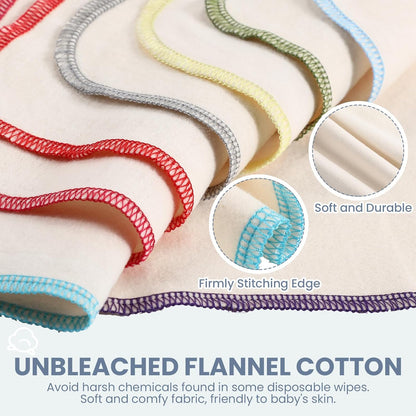 Mixweer 96 Pcs Flannel Cloth Baby Wipes Reusable Baby Diapers Wipes Washable Natural Unbleached Face Wipes Soft and Sturdy Cloth Wipes 8 Colors Outer Stitching 8 x 8 Inches